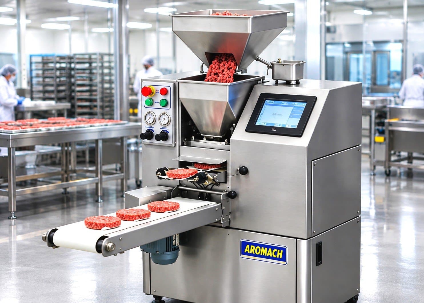 Aromach patty forming machine on a production line